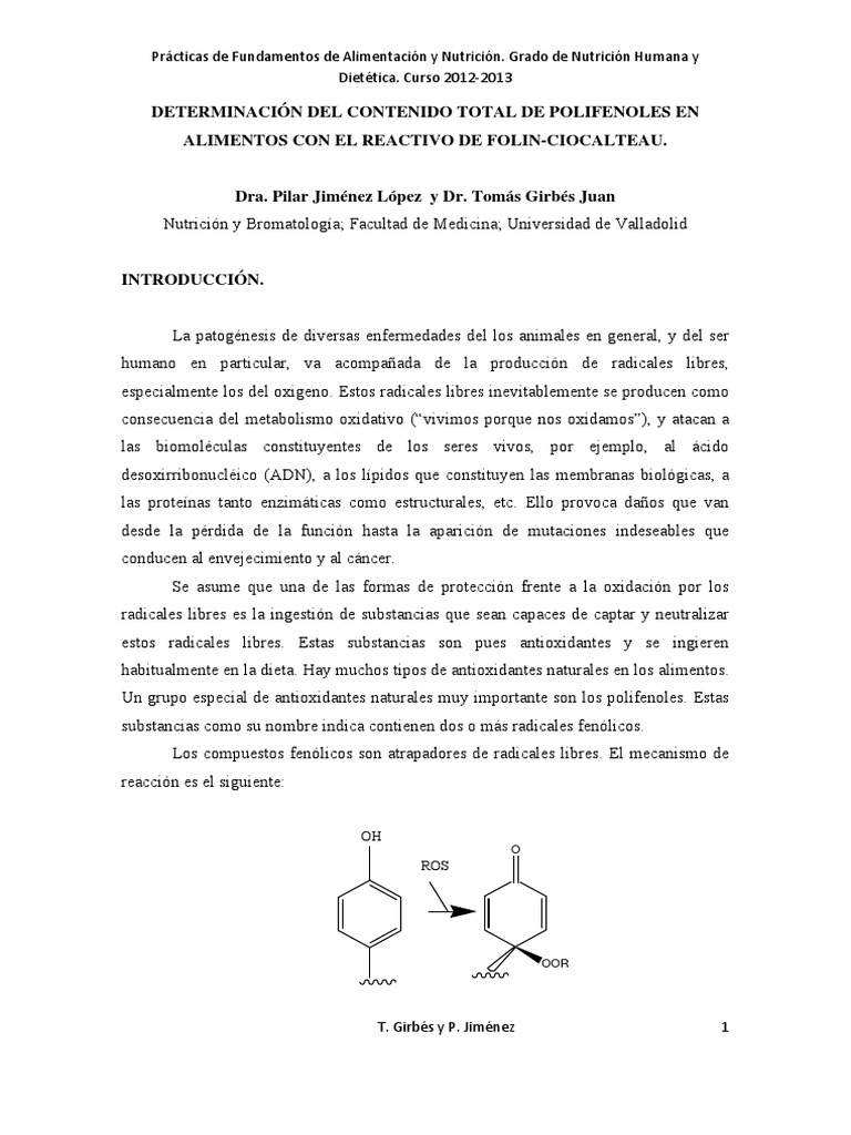 Polifenoles Por Folin Ciocalteau | PDF | Antioxidante | Radical (Química)