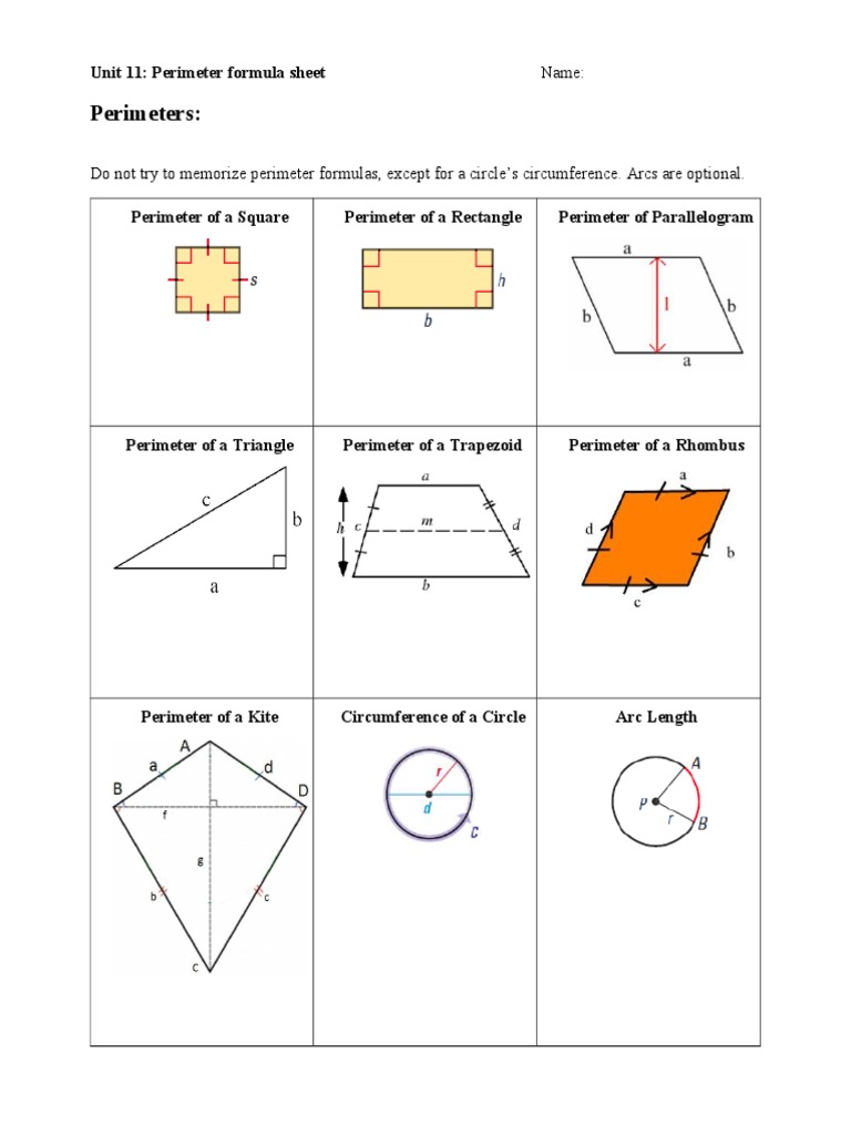 Perimeters:: Unit 11: Perimeter Formula Sheet | PDF | Science & Mathematics