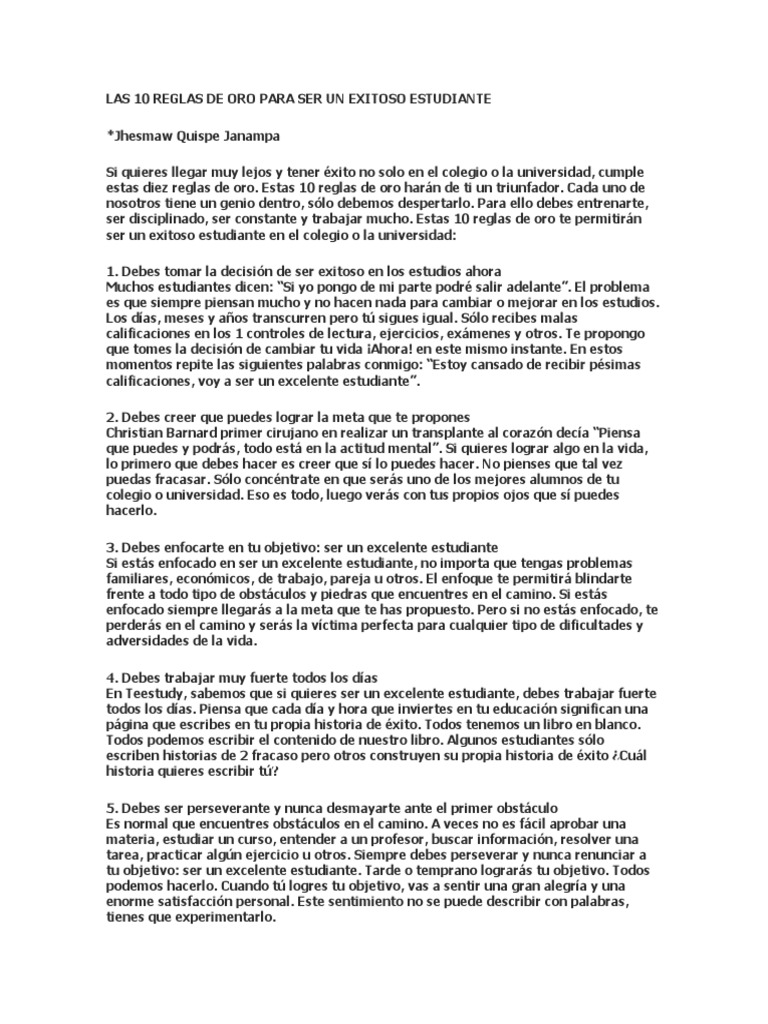 10 Reglas de Oro para Estudiantes | PDF | Crecimiento personal y ...
