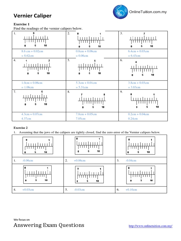 Vernier Caliper Exercises with Answers | PDF
