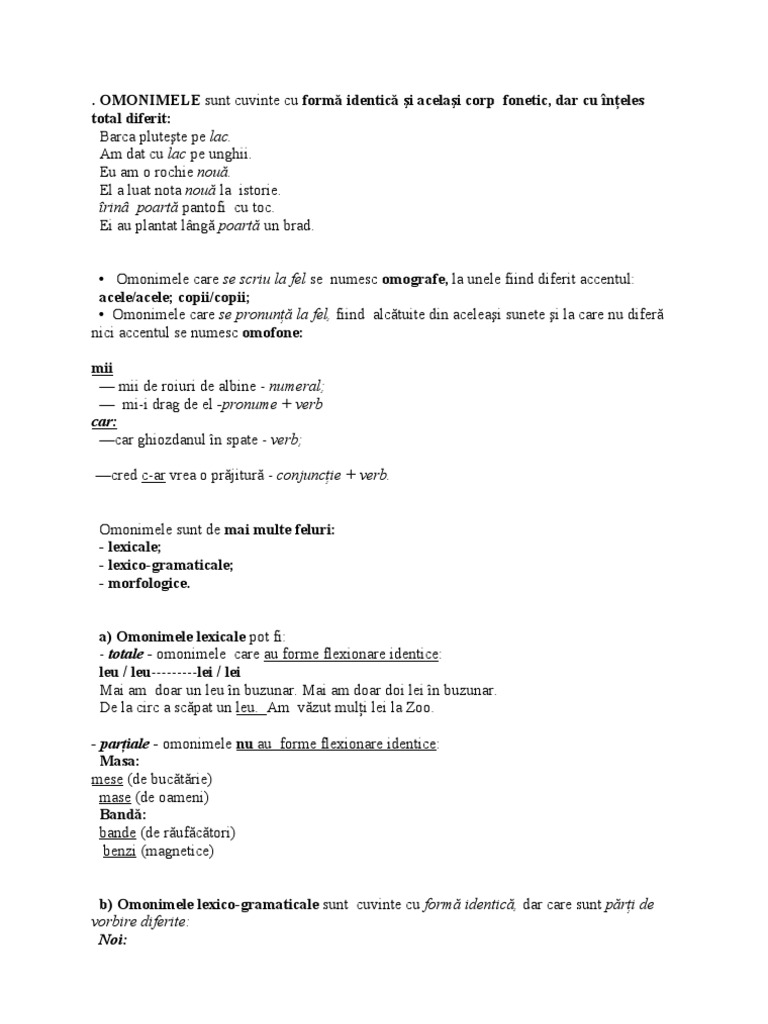 Omonimele Sunt Cuvinte Cu FormÄ IdenticÄ Si Acelasi Corp