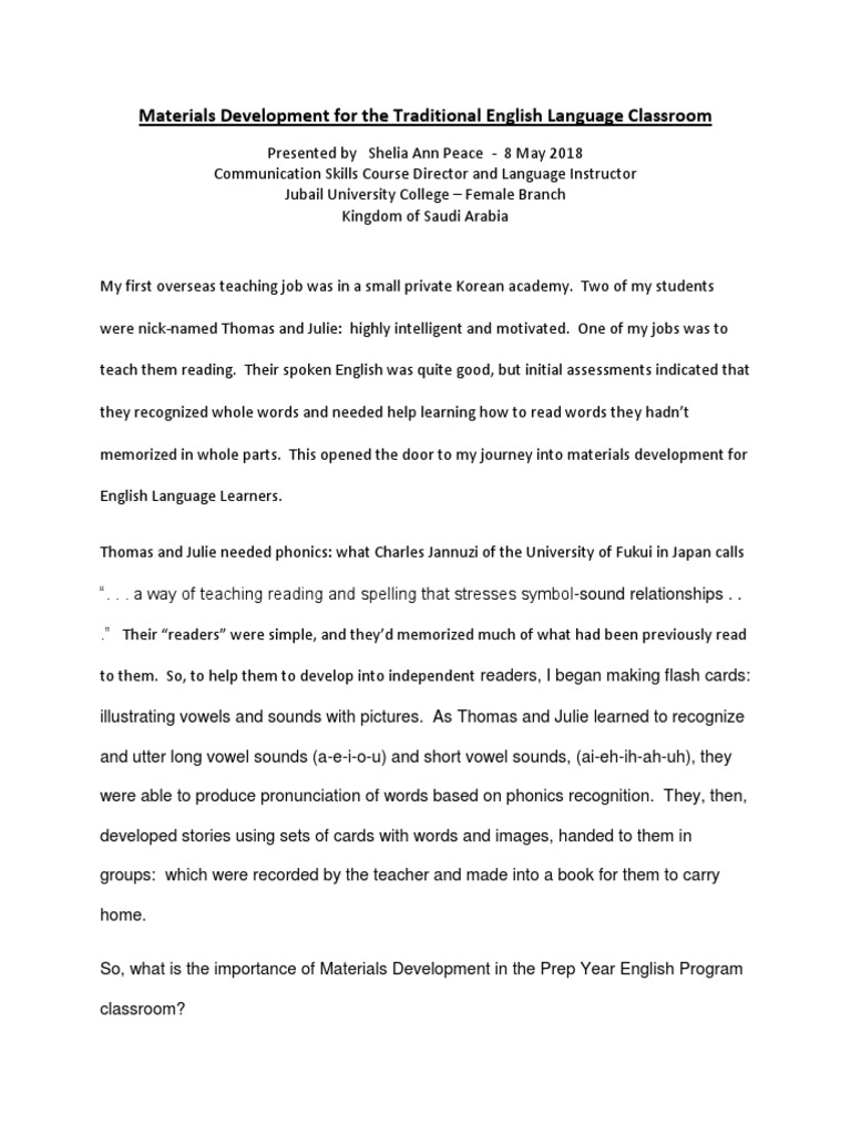 Developing Materials for ESL Classrooms | PDF | Educational Assessment ...