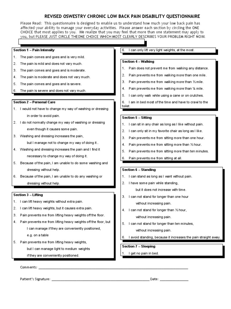 Revised Oswestry Low Back Pain Questionnaire | PDF | Back Pain | Pain