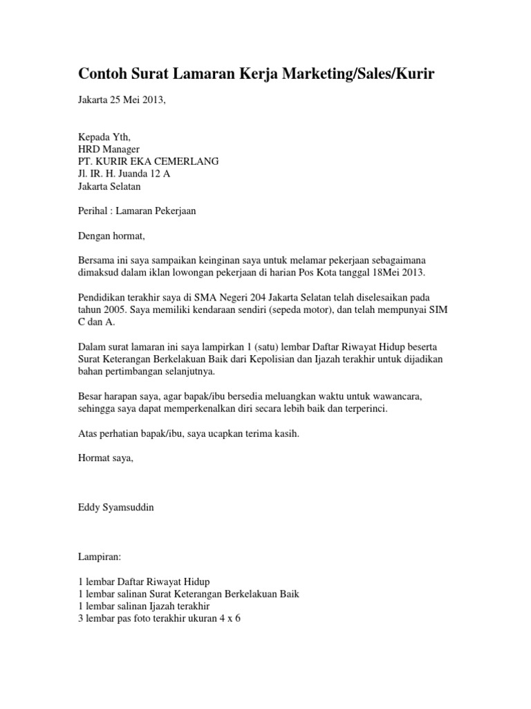 Contoh Surat Lamaran Kerja Marketing Pdf