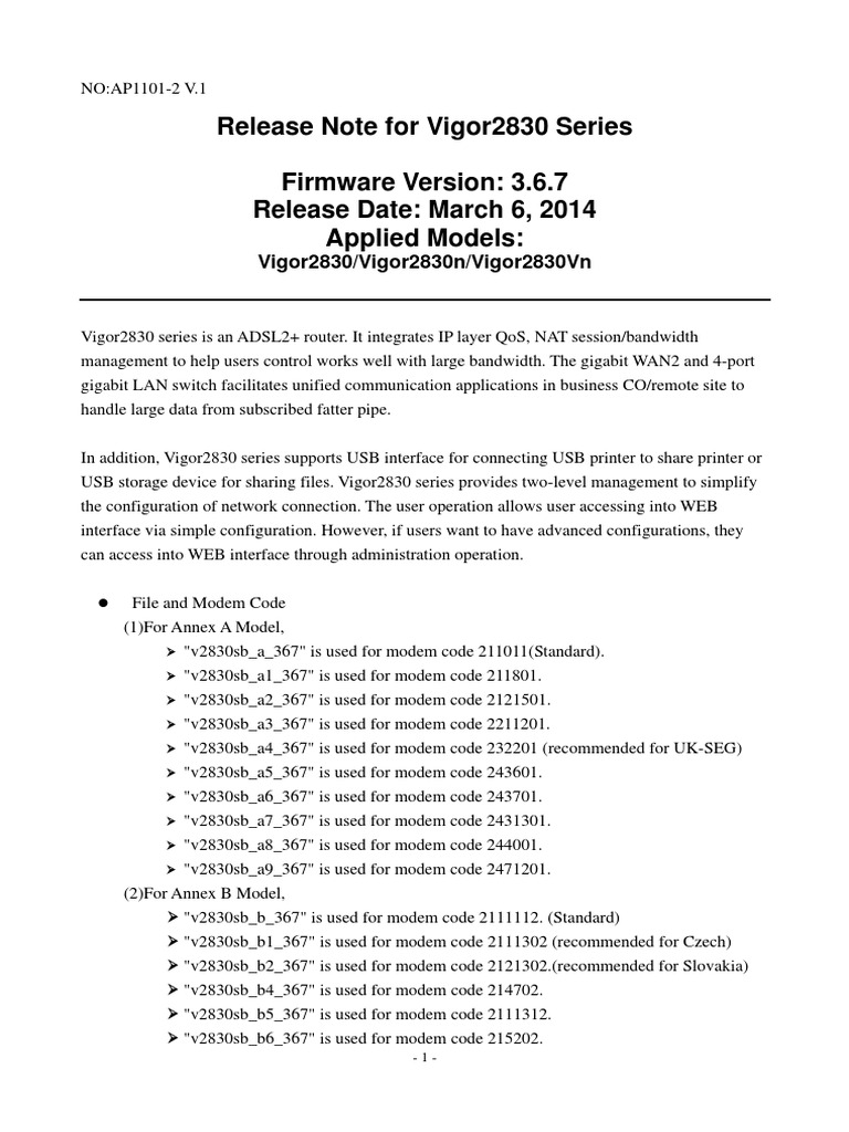 Vigor2830 V3.6.7 Release Note | PDF | I Pv6 | Modem