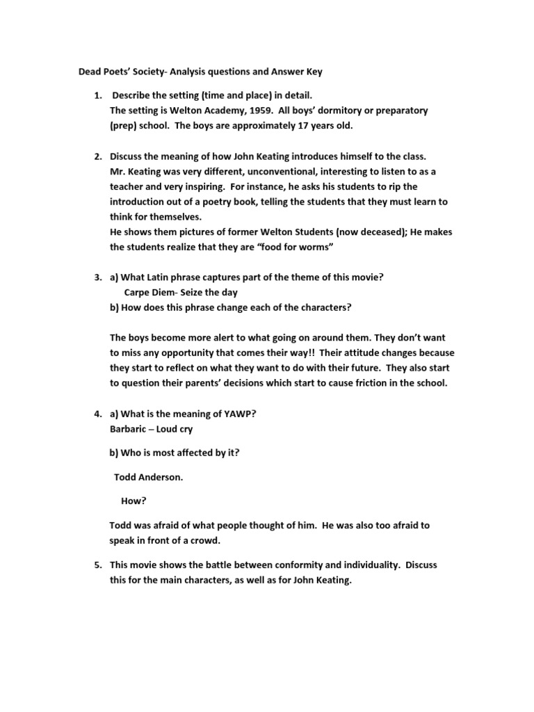 Dead Poets Society Answer Key Fiction & Literature