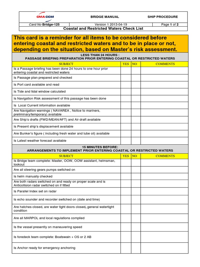 Coastal and Restricted Waters Checklist | PDF | Navigation | Ships