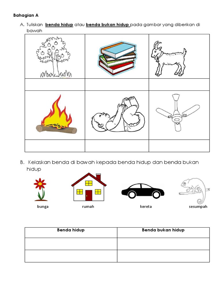 A. Tuliskan benda hidup atau benda bukan hidup pada gambar 