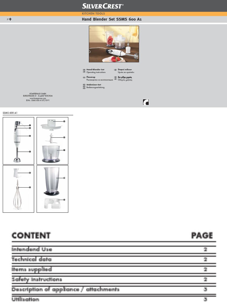 Hand Blender Set SSMS 600 A1: Kitchen Tools | PDF