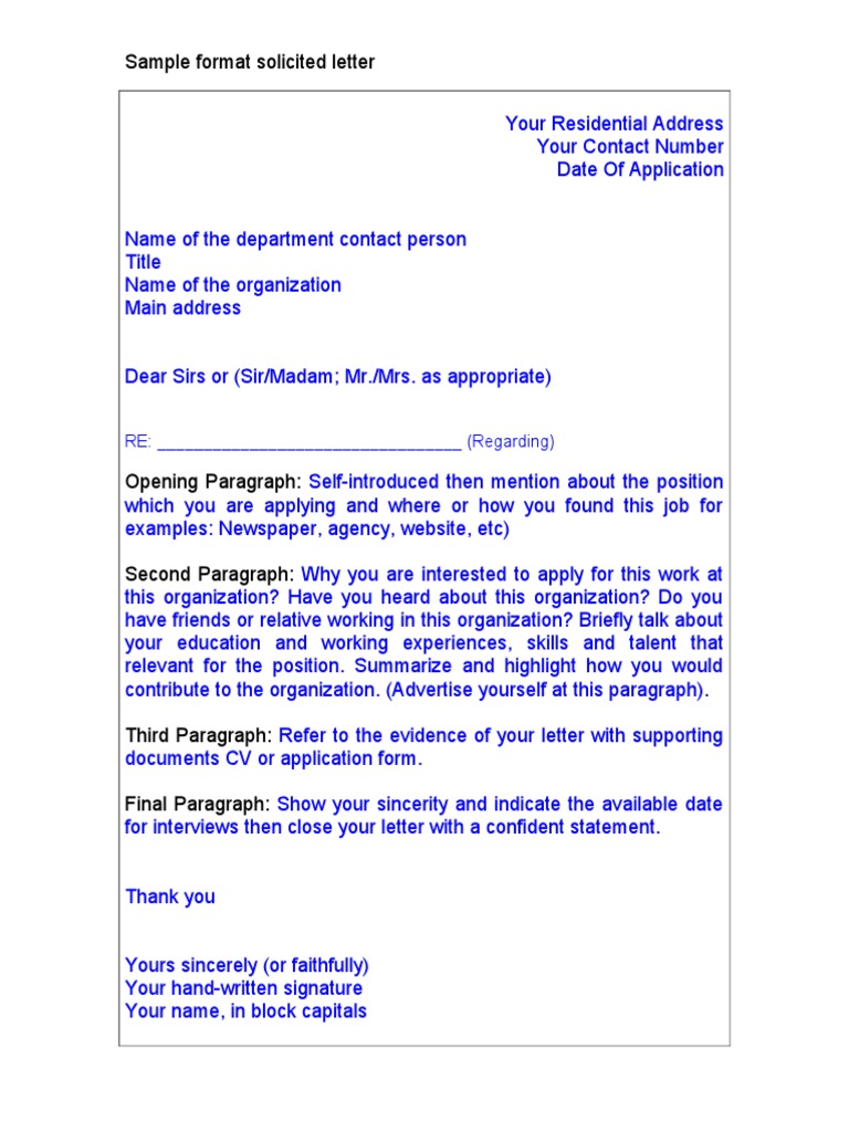 Sample Format Solicited Letter: RE: - (Regarding) | PDF