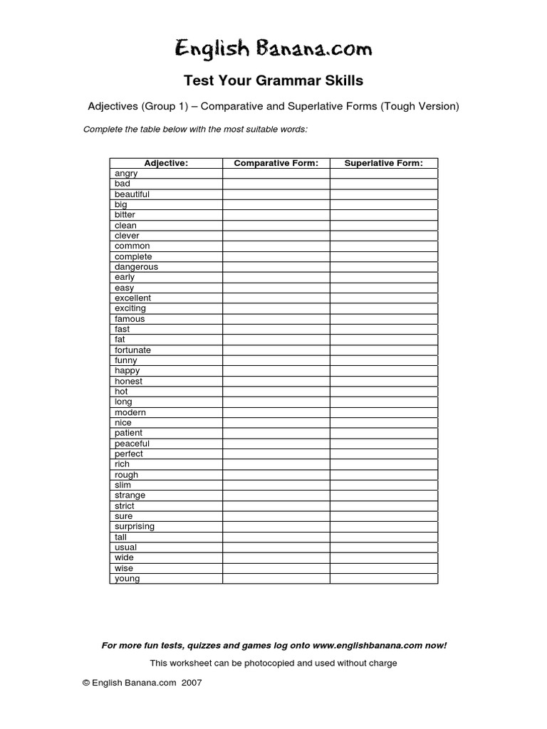 Adjectives Group 1 Comparative And Superlative Forms Tough Version Adjective Grammar