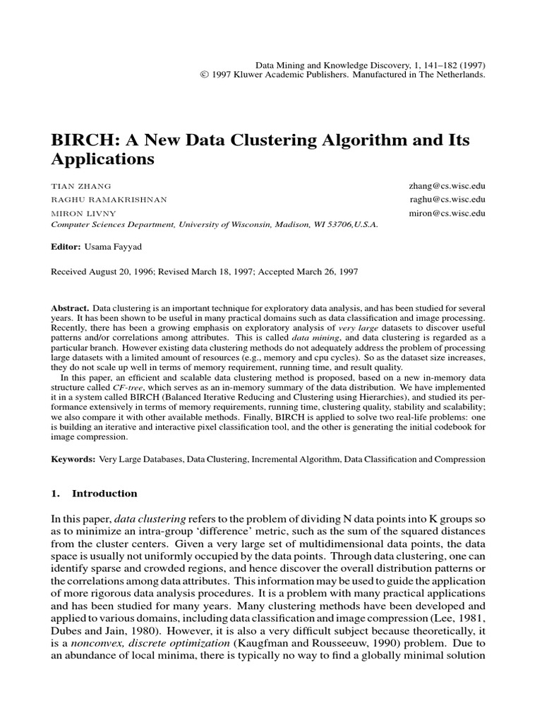 BIRCH: A New Data Clustering Algorithm and Its Applications | Download ...