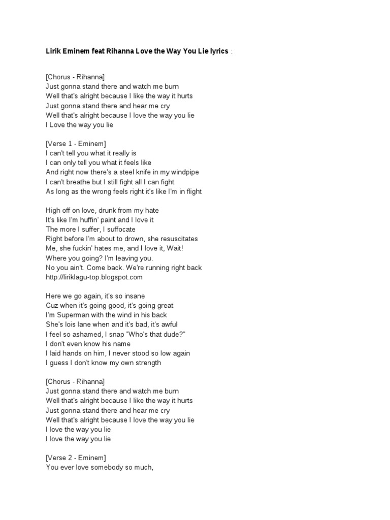Lirik Eminem Feat Rihanna Love The Way You Lie Lyrics | PDF | Songs
