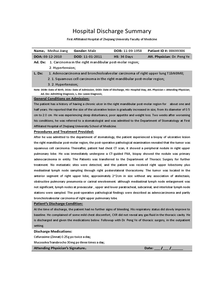 Hospital Discharge Summary for Cancer Patient | PDF | Medical ...