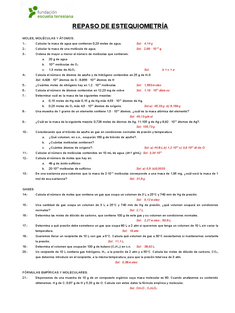 Ejercicios de Estequiometría y Gases | PDF | Mole (Unidad) | Gases