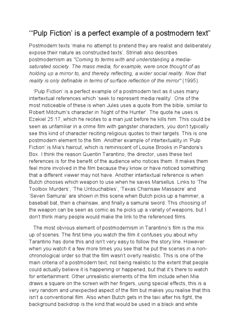 Pulp Fiction: A Postmodern Analysis | PDF | Pulp Fiction