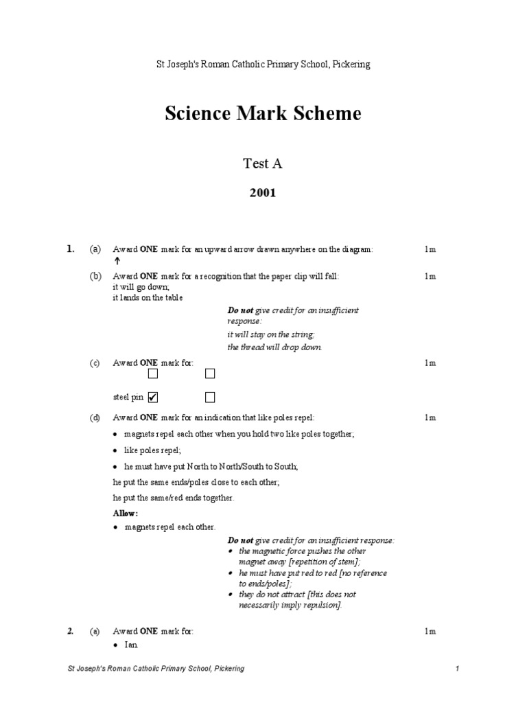 Science Mark Scheme Test A 2001 | PDF | Ice | Electrical Conductor