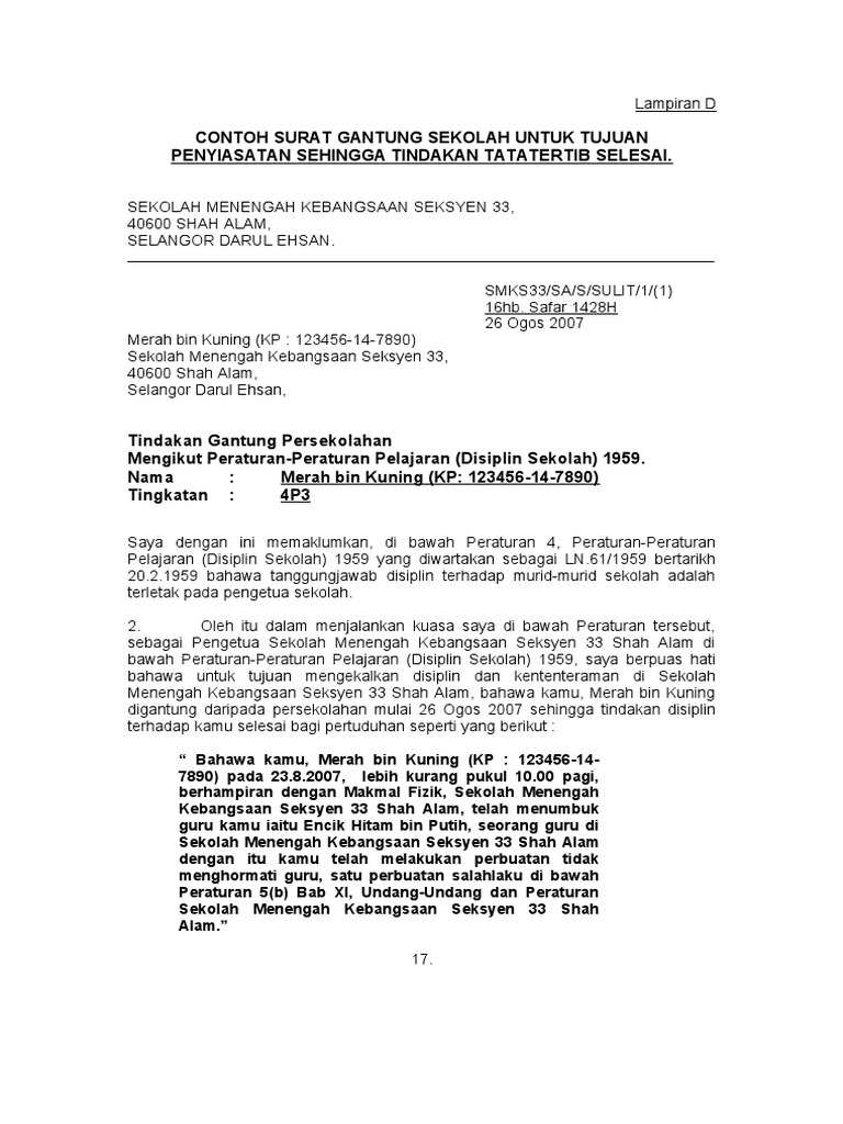 6 Contoh Surat Gantung Sekolah Tujuan Penyiasatan Lampir Pdf