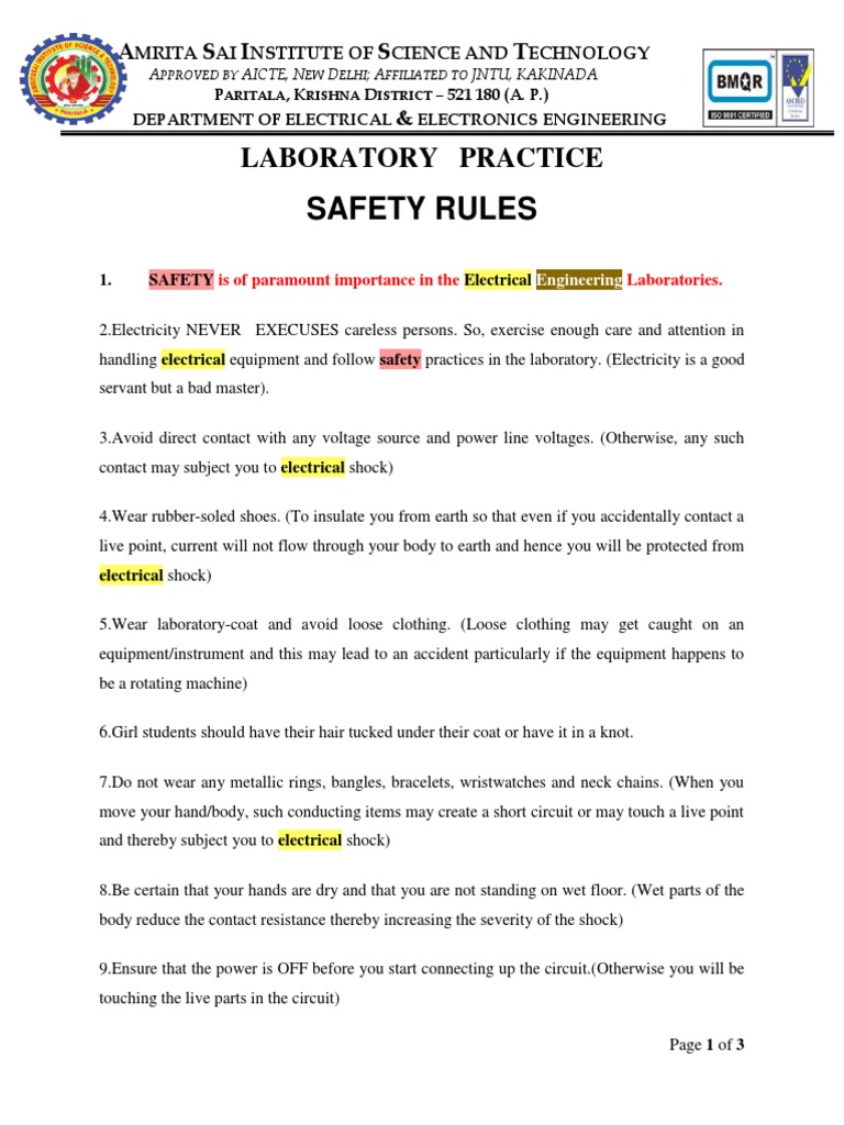 Lab Safety Rules | PDF | Laboratories | Electricity