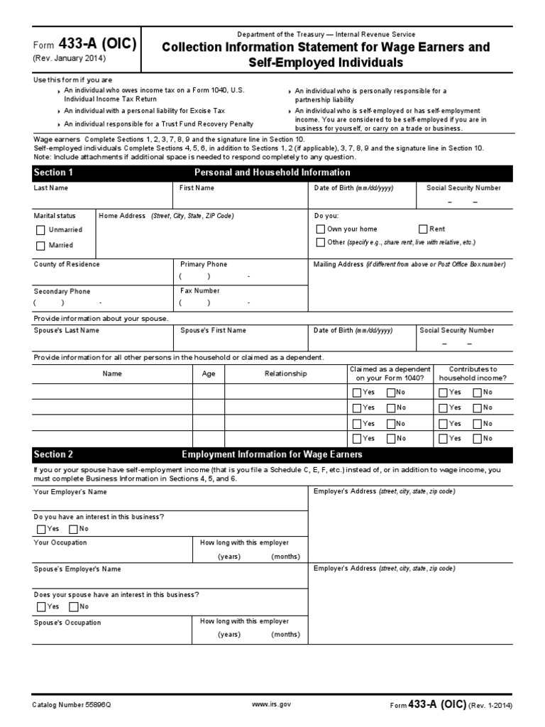 433A (OIC) Collection Information Statement For Wage Earners and