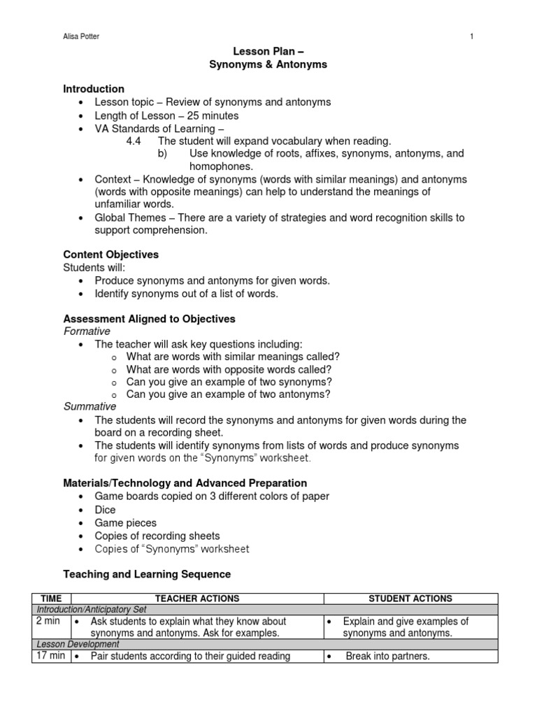 Synonyms and Antonyms Lesson Plan | PDF | Cognition | Semiotics