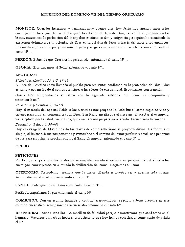 Monicion Del Domingo Vii Del Tiempo Ordinario Misa (liturgia