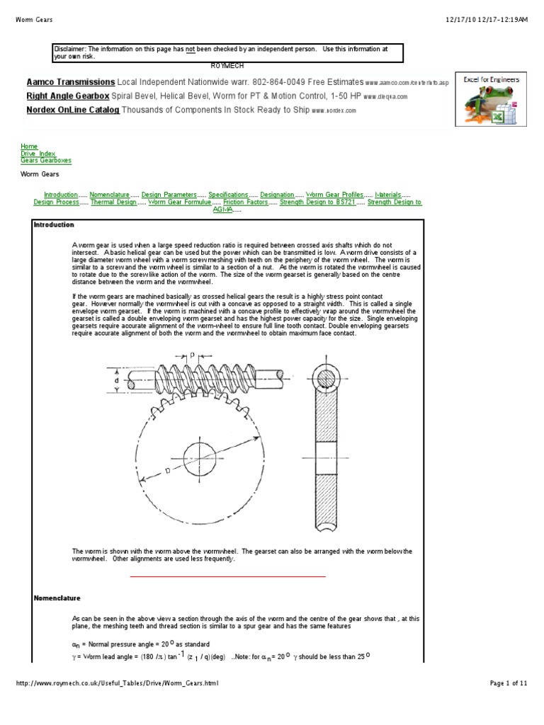 Worm Gears Formulas