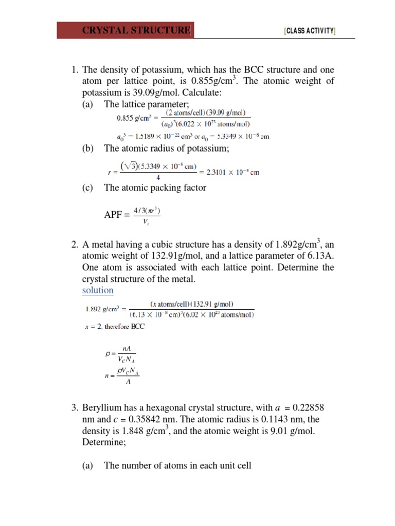 Crystal Structure Calculations and Problems | PDF | Crystal Structure ...