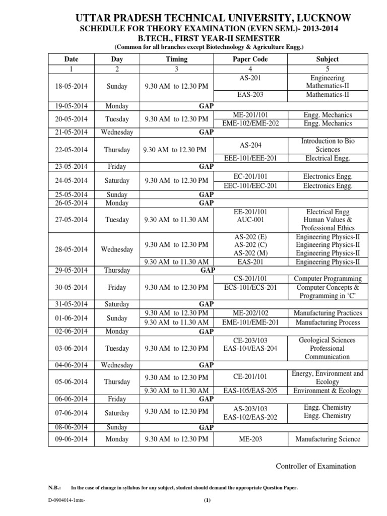 UPTU B.Tech Exam Schedule 2014 | PDF | Technology & Engineering