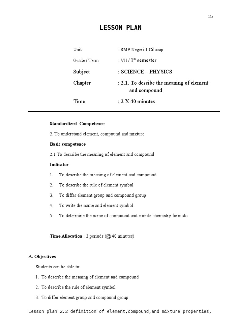 Elements and Compounds Lesson Plan | PDF | Chemical Elements | Chemical ...