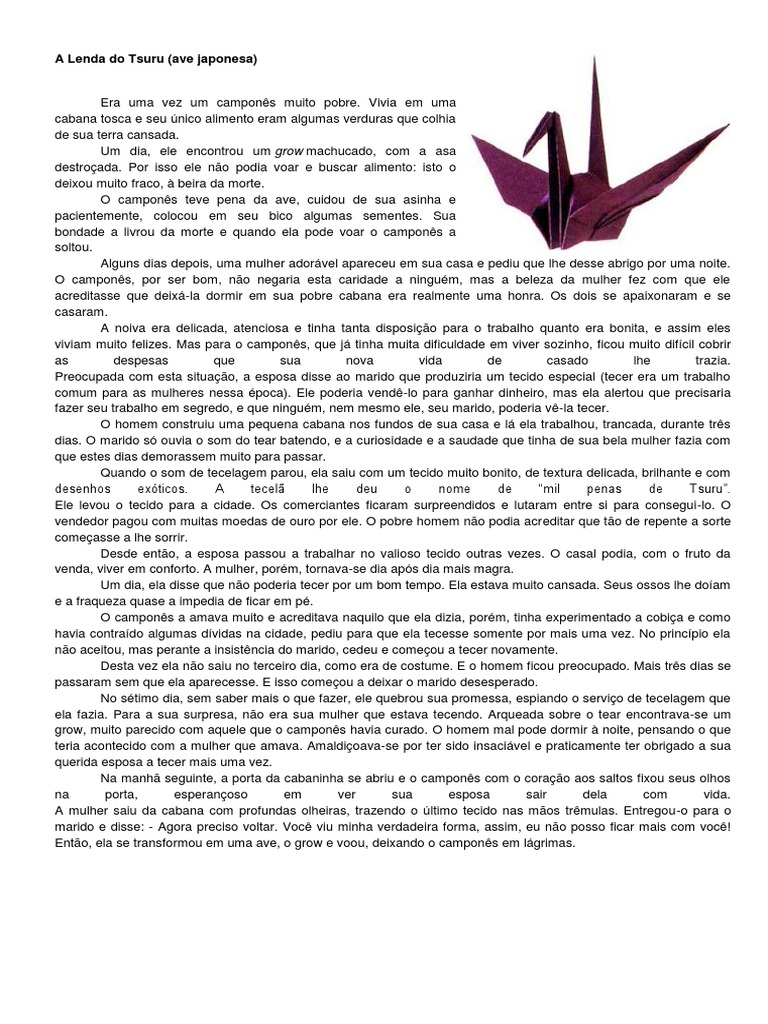 A Lenda do Tsuru e sua Mensagem de Paz | PDF | Tecelagem | Morte