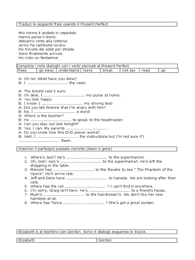 Traduci Le Seguenti Frasi Usando Il Present Perfect Mio Nonno