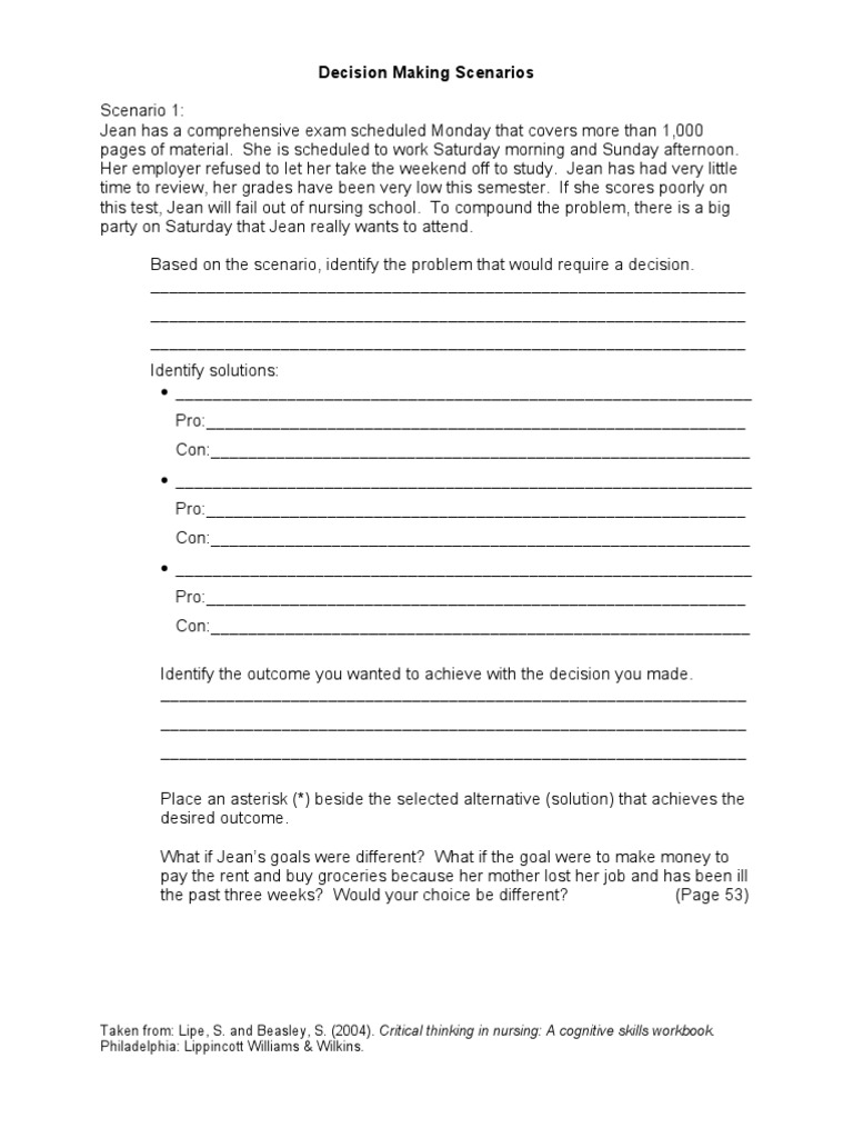 Decision Making Scenarios Worksheet | Psychological Concepts
