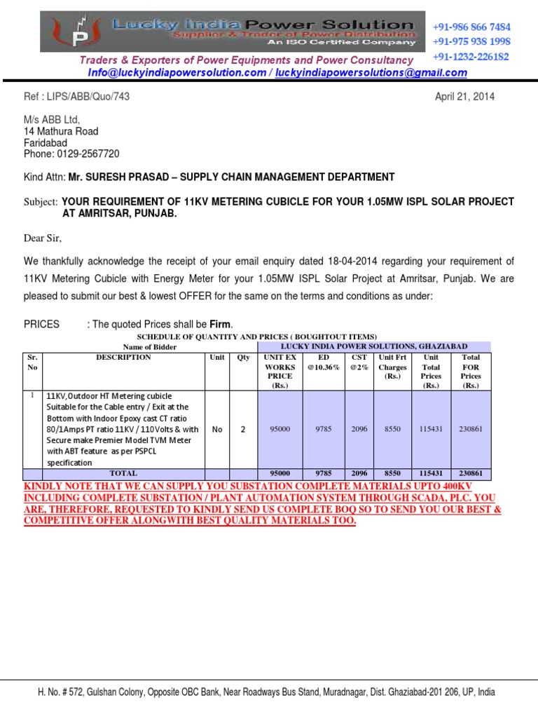 Quotation-11KV Metering Cubicle-1.05MW ISPL Solar Project-Amritsar | PDF |  Invoice | Taxes