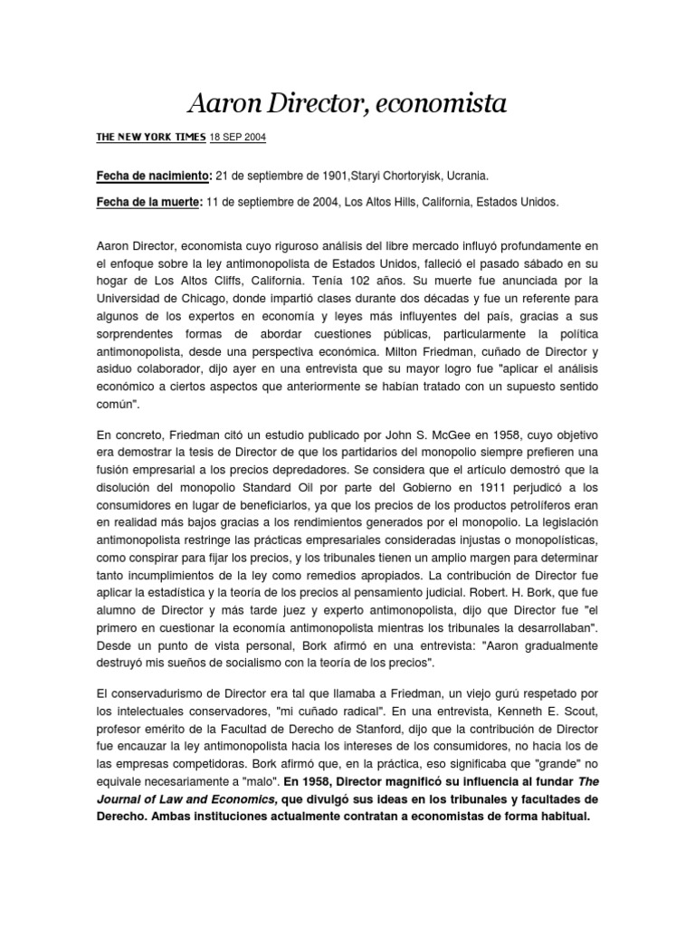 Aaron Director: Legado en economía y ley | PDF | Economista | Monopolio