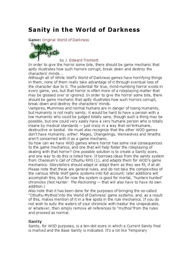 Sanity in The World of Darkness PDF Sanity Vampires