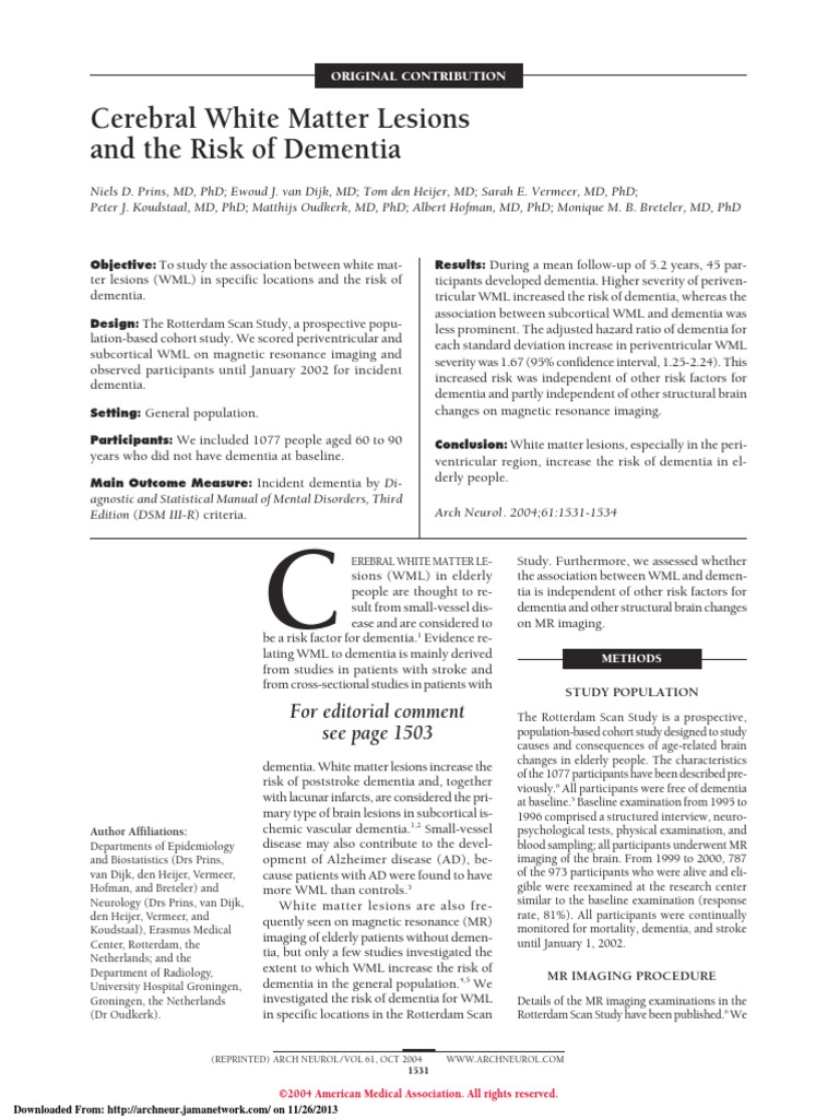 White Matter Lesions and The Risk of Dementia PDF | PDF | Dementia ...
