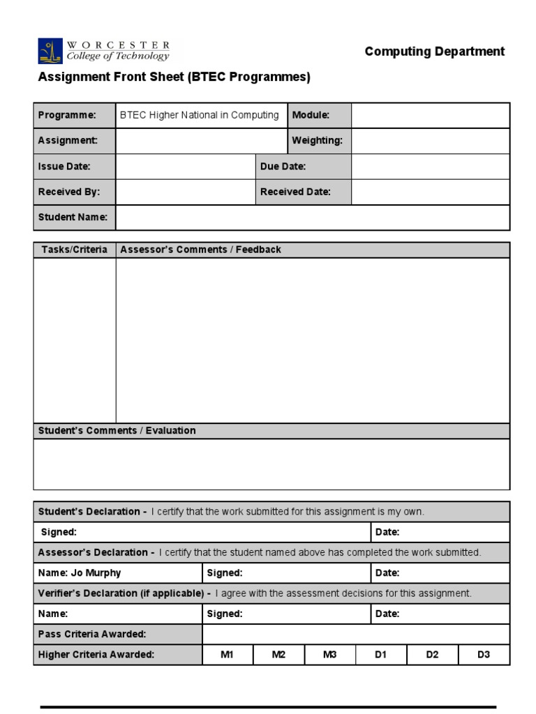 BTEC Computing Assignment Front Sheet | PDF | Computers