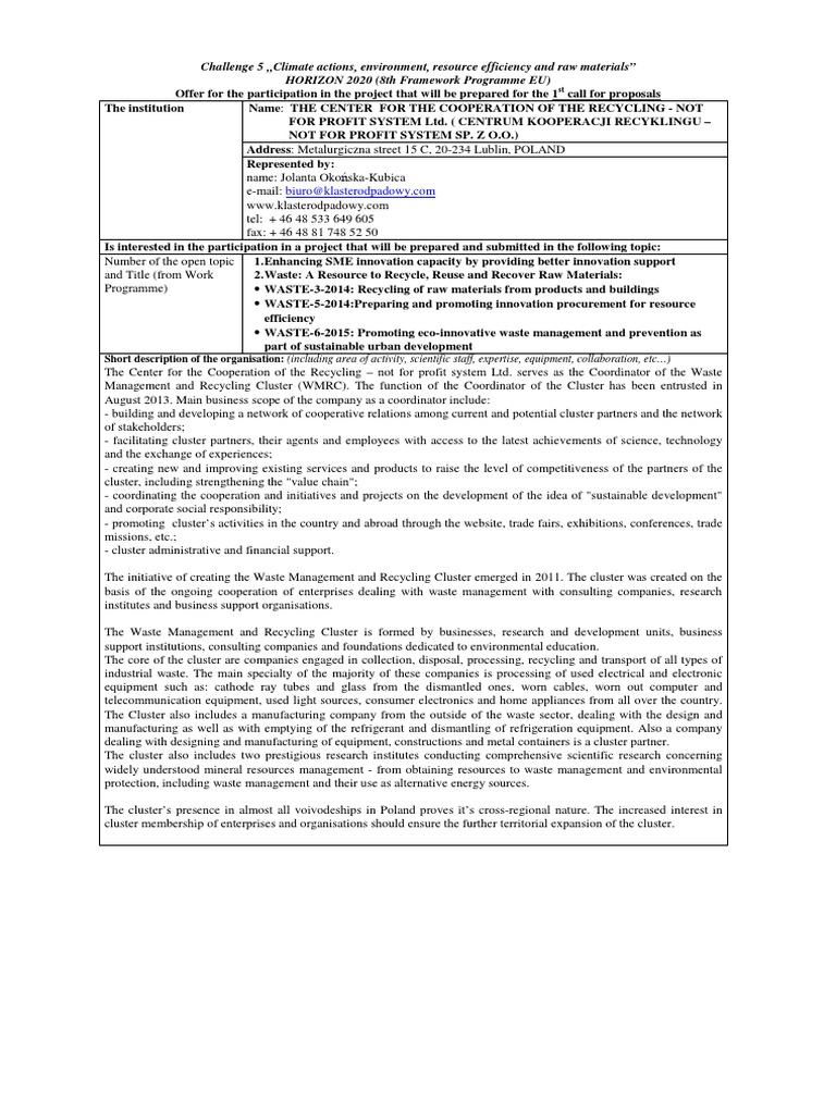 EU Project Proposal for Waste Management | PDF | Waste Management ...