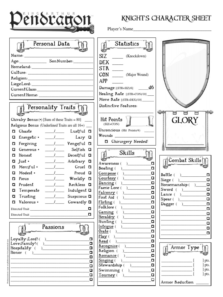 Pendragon 6E Knight Character Sheet | PDF | Games & Activities