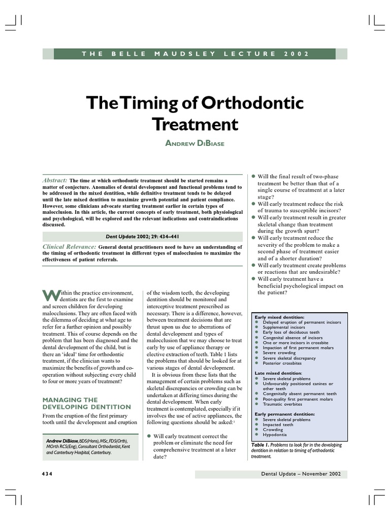 The Timing of Orthodontic Treatment | PDF | Orthodontics | Mouth
