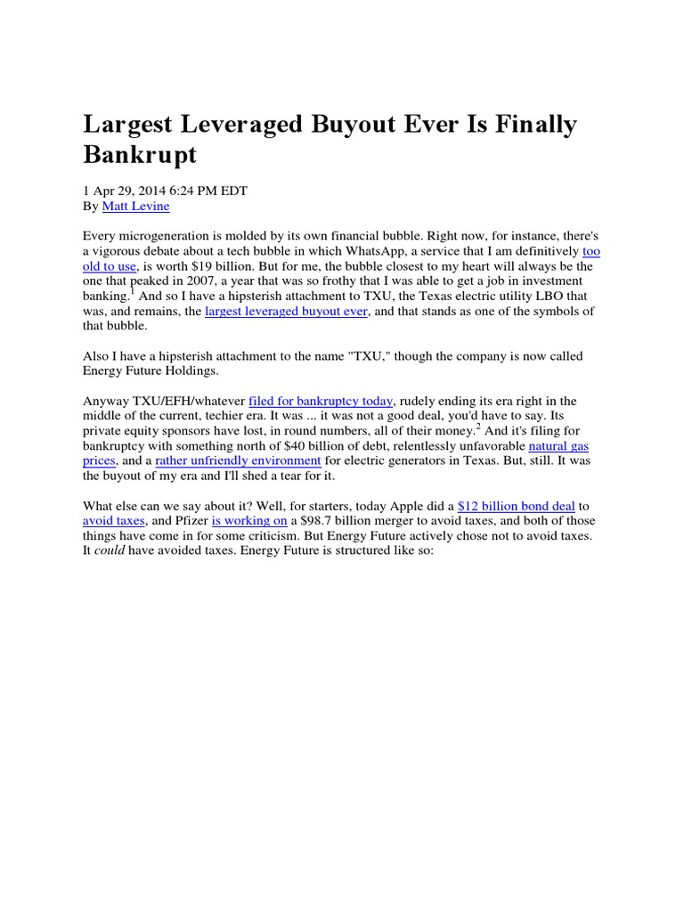 Largest Leveraged Buyout Ever Is Finally Bankrupt PDF Leveraged