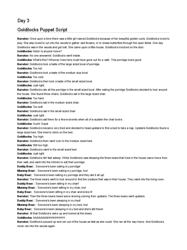 Goldilok Puppet Script PDF Goldilocks And The Three Bears Fairy Tales