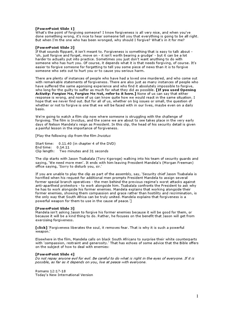 Forgiveness Assembly Script | PDF | Forgiveness | Nelson Mandela