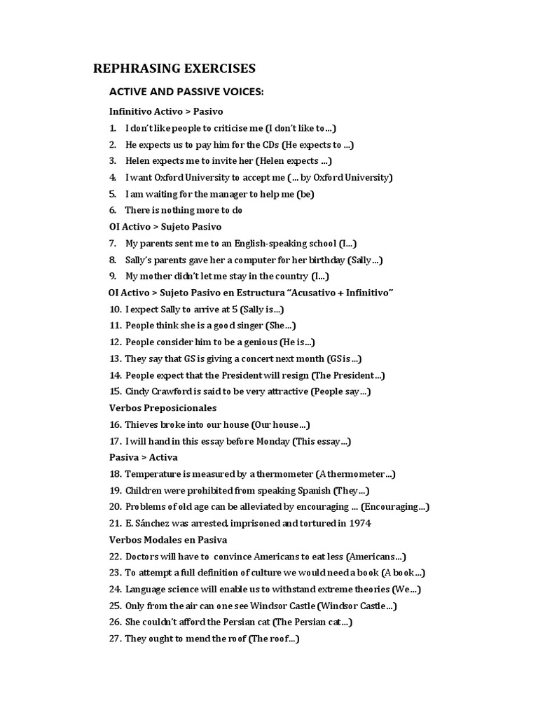 Rephrasing Exercises: Active and Passive Voices | PDF | Languages