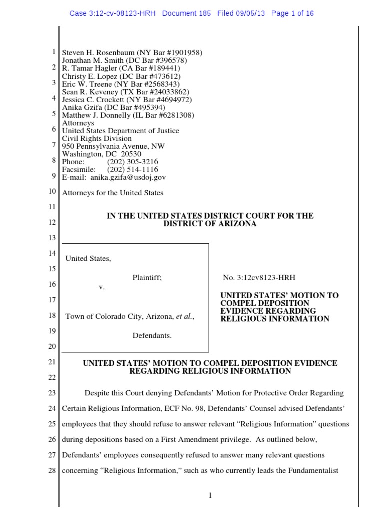 Motion to compel deposition in Justice Dept. lawsuit against Hildale/Colorado City Discovery
