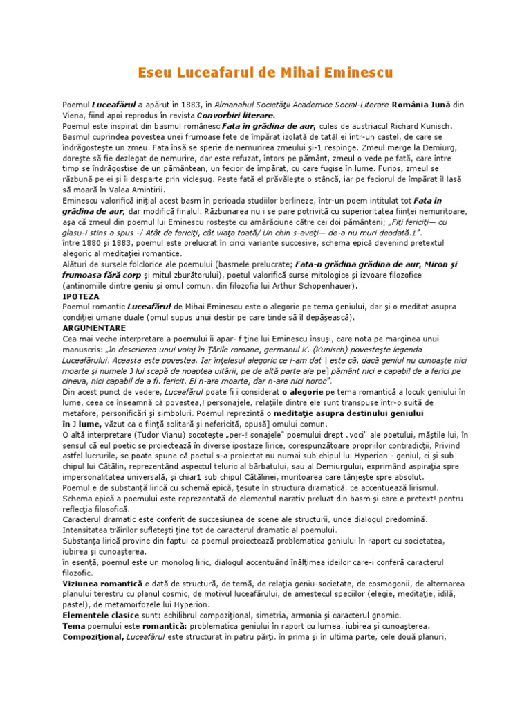 Eseu Luceafarul De Mihai Eminescu