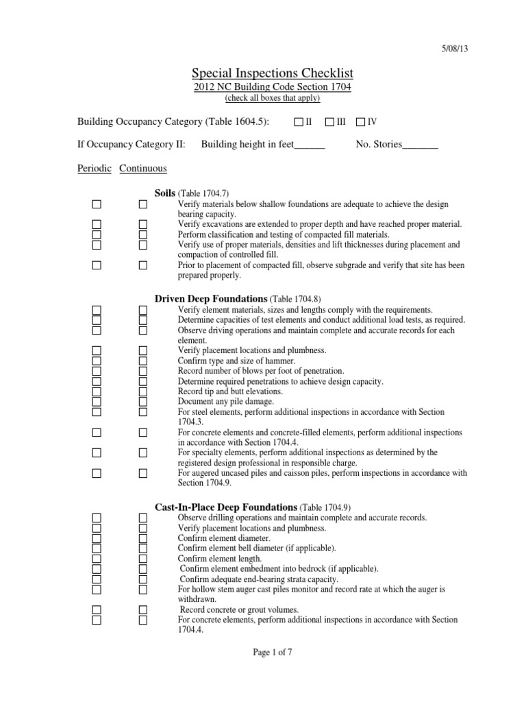 Special Inspections Checklist NC Code | PDF