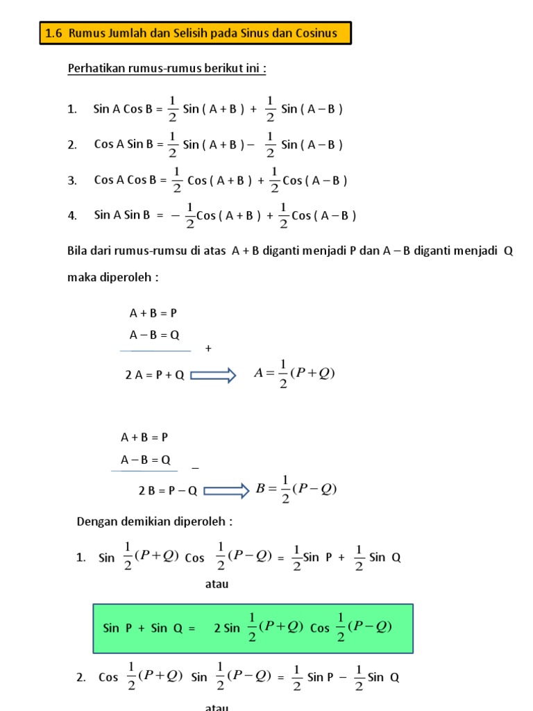 1 6 Rumus Jumlah Dan Selisih Pada Sinus Dan Cosinus