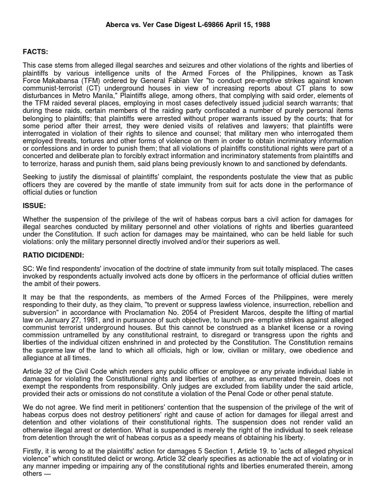 Aberca vs. Ver Case Digest Summary | PDF | Habeas Corpus | Search And ...